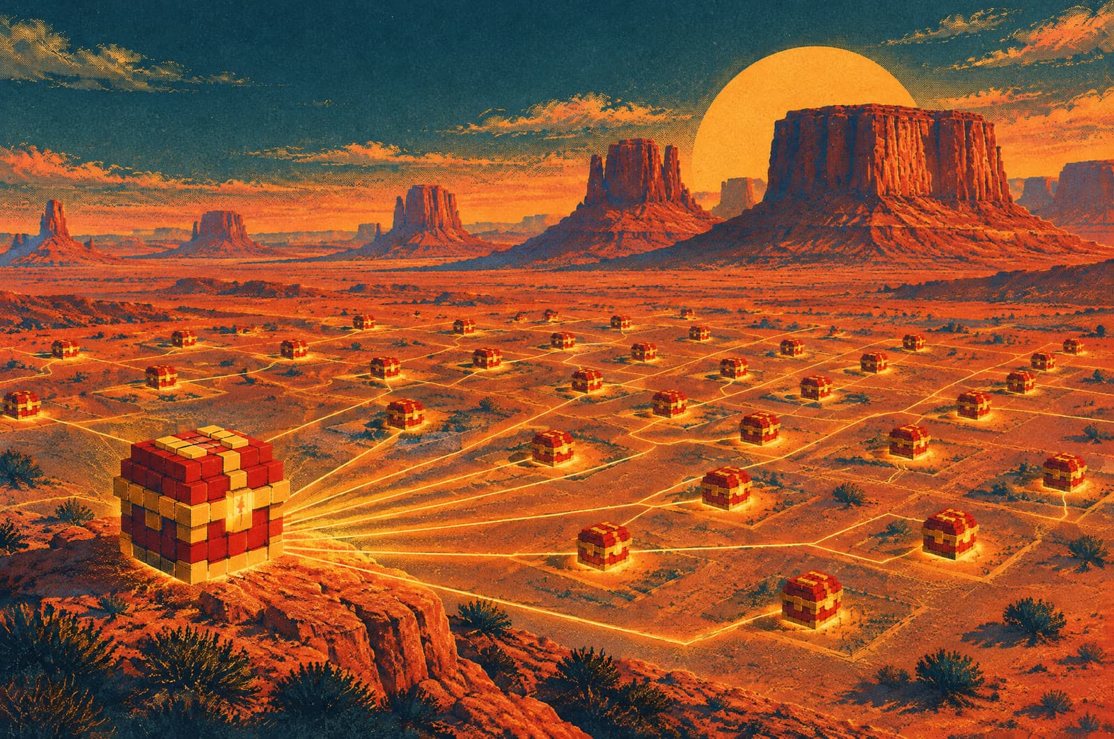 Illustration: one big chest of red blocks on a rock sends lines of light to rows of small chests across a desert plain