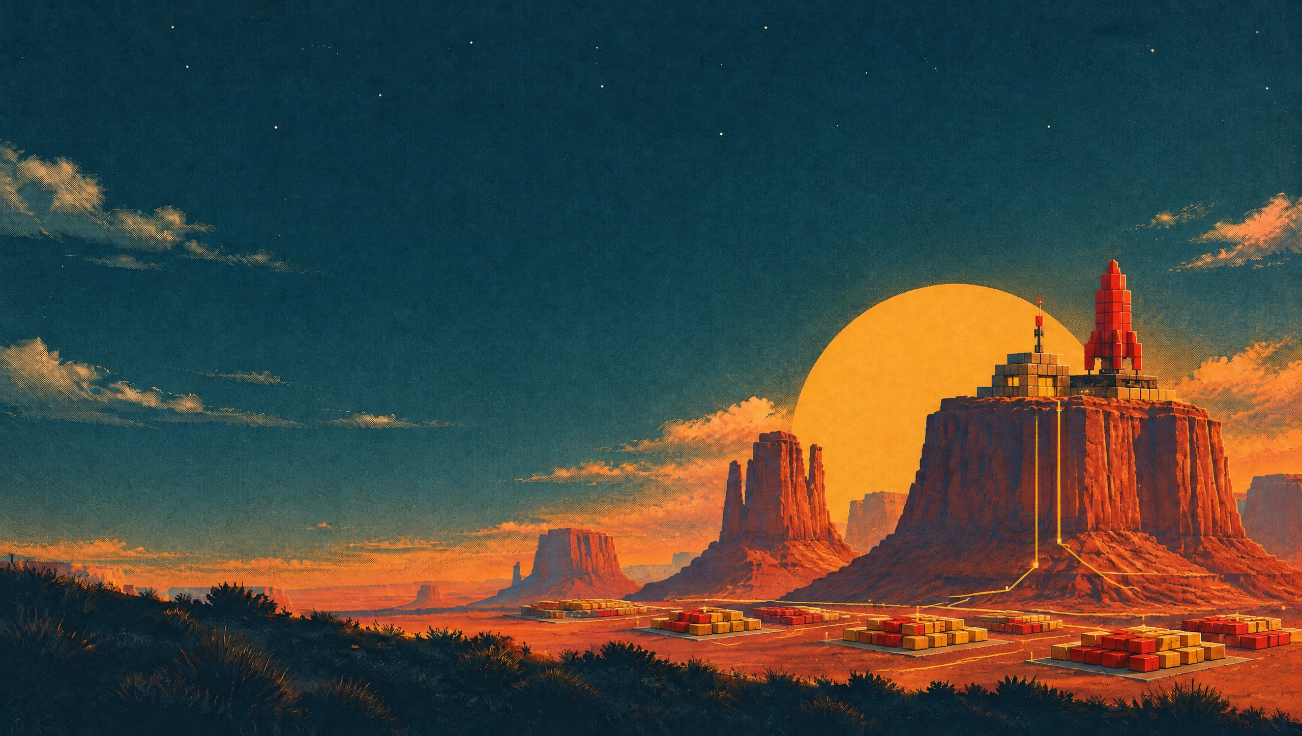 Illustration: a small block outpost and a red rocket on its pad atop a desert mesa, rows of crates on the plain below