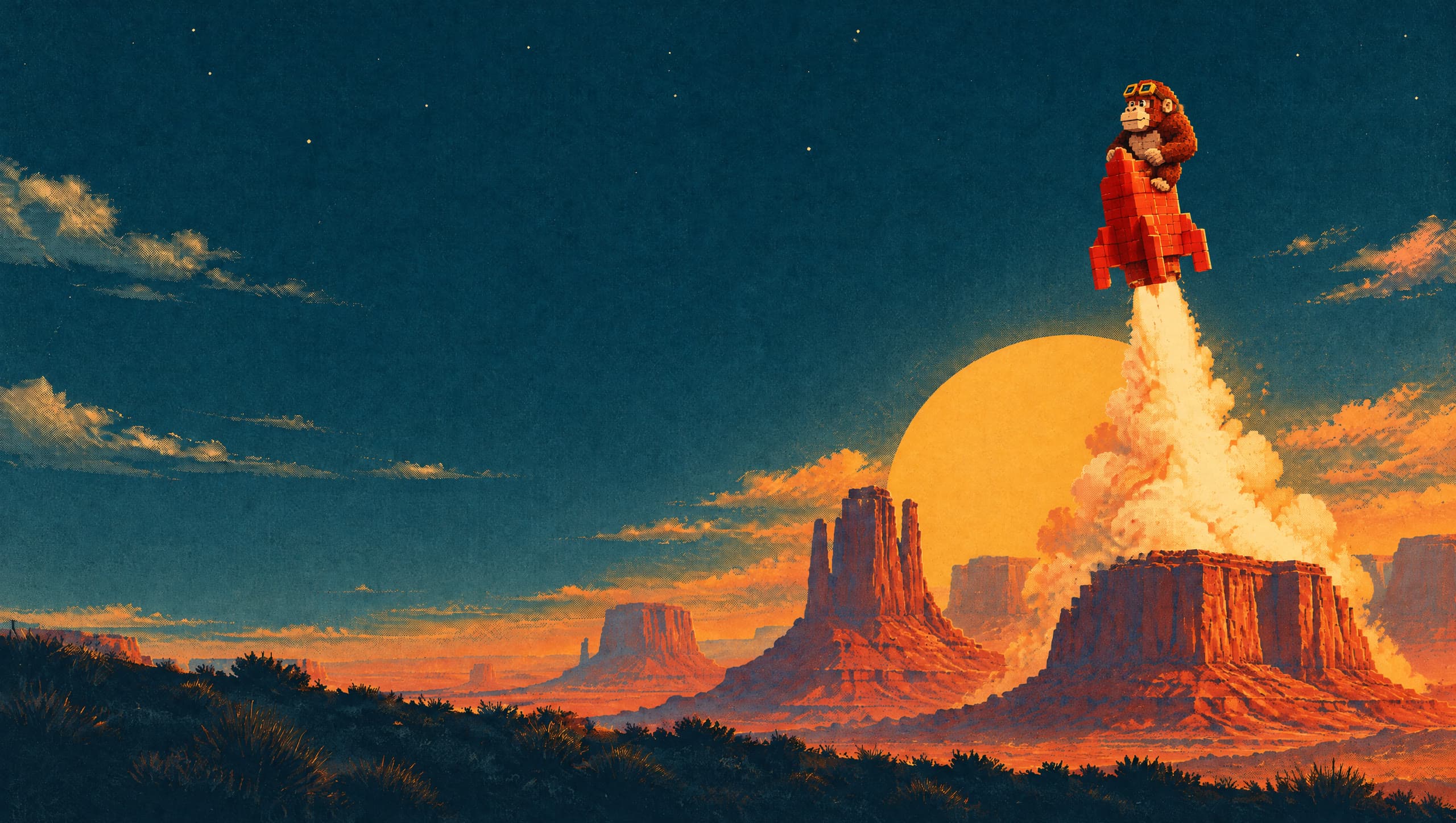 Illustration: an ape built of blocks, wearing goggles, rides a red rocket as it lifts off a desert mesa