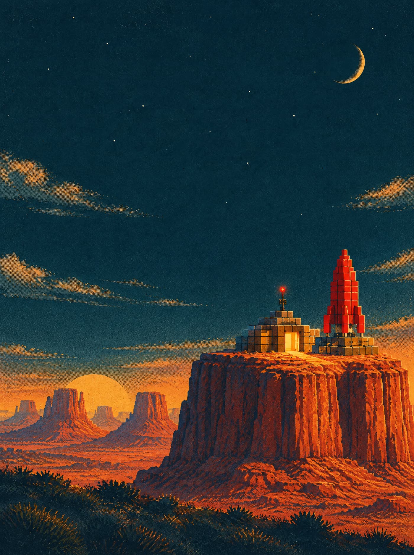 Illustration: a block outpost on a desert mesa at night, its door open and lit, a red rocket beside it