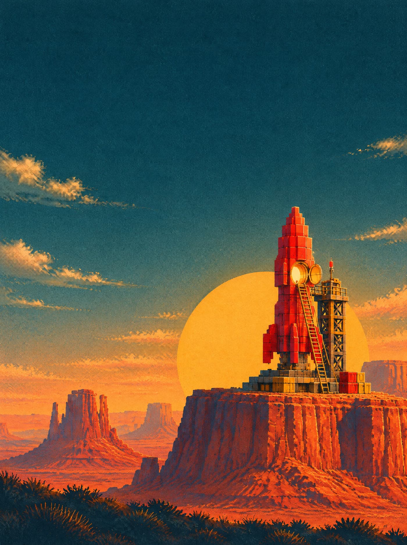Illustration: a red block rocket on its pad at sunrise, a ladder up to its open, glowing hatch