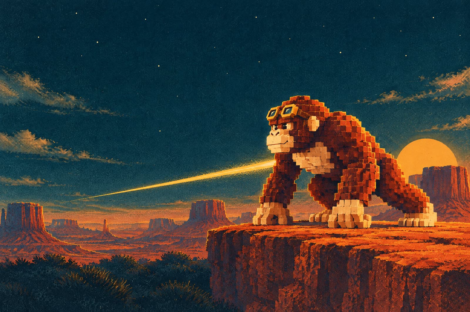 Illustration: an ape made of blocks, wearing goggles, crouches on a cliff edge at night as a streak of light shoots past