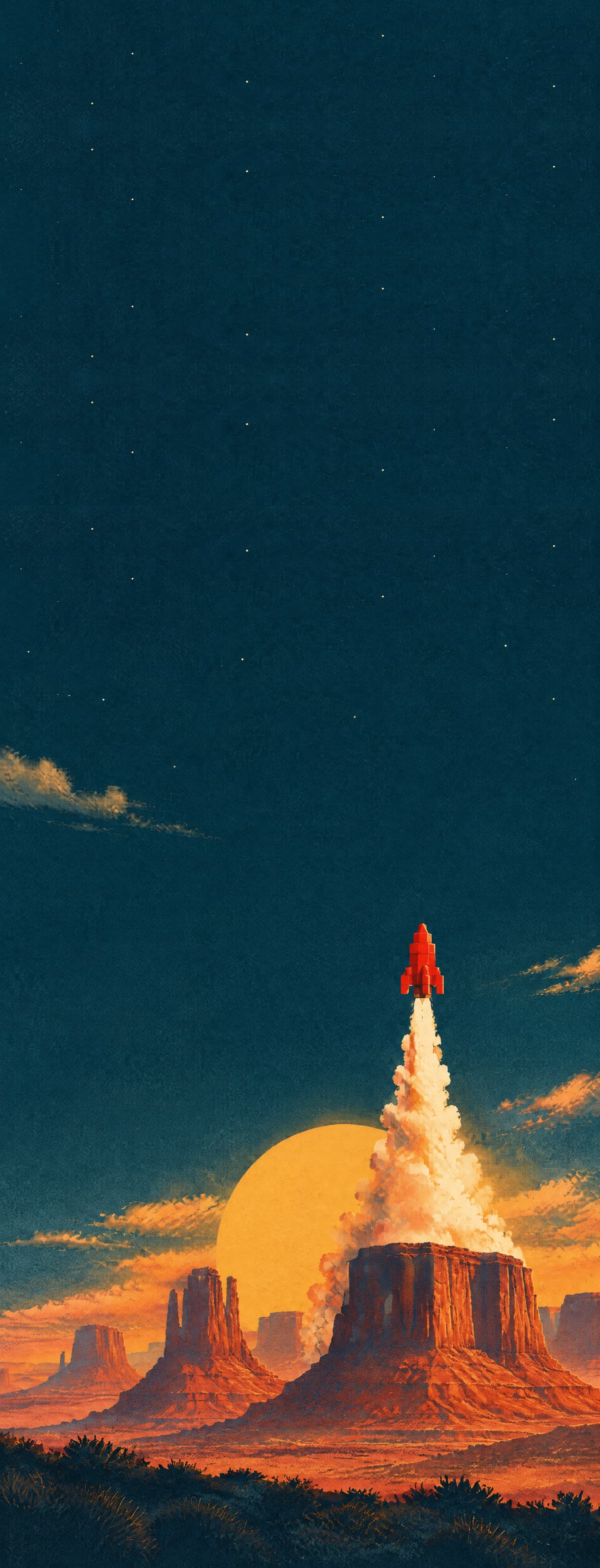 Illustration: a red rocket made of blocks lifts off a desert mesa at dusk