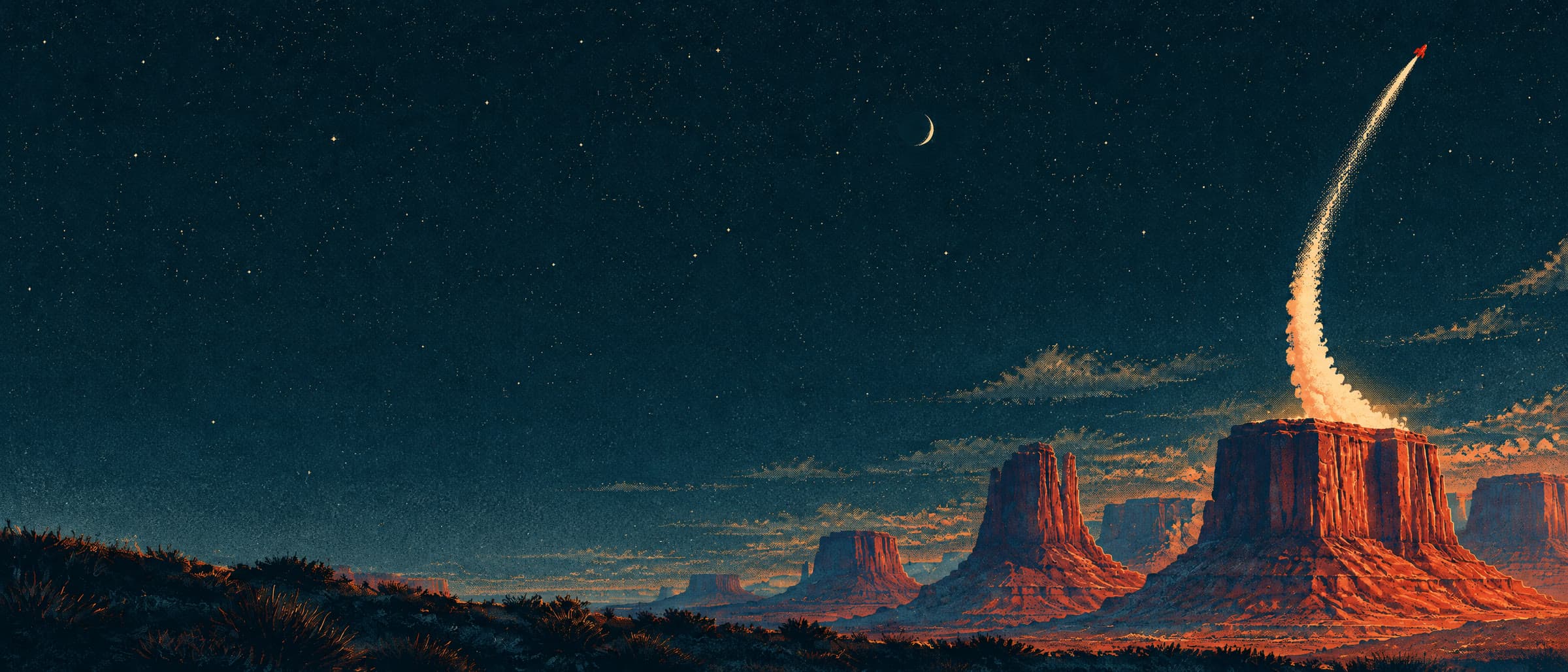 Illustration: later that night, the rocket is a bright point high above the mesas, its contrail arcing up